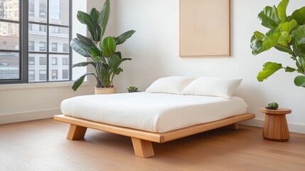 Minimalist Bedroom with Wooden Bed and Indoor Plants