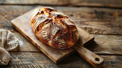   A loaf sits atop a wooden cutting board with a slice of bread beside it