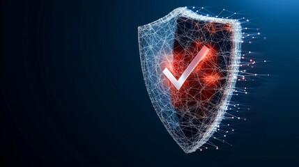 Digital shield symbolizing protection and security in healthcare insurance, featuring glowing check mark. This image conveys strong sense of safety and assurance