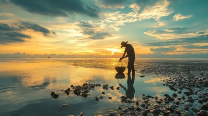 Fototapeta premium A fisherman in Hua Hin gathering shellfish from the shallow waters along the coastline at sunrise.
