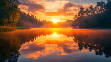 Obraz premium A breathtaking sunset casts its fiery hues across the sky and is mirrored in the calm waters of a lake, creating a stunning and peaceful scene.