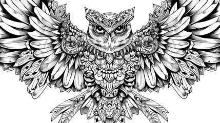 Obraz premium black and white illustration of owl with two wings in fully tribal ornament detailed