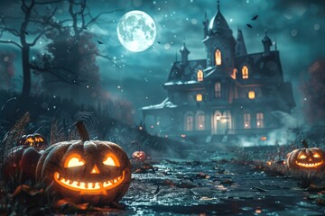 Carved Jack-o'-Lantern With Glowing Eyes In Front of a Creepy House on Halloween Night