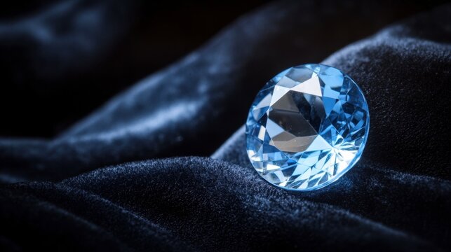 A gleaming blue topaz gemstone resting on a black velvet surface, catching the light from above.
