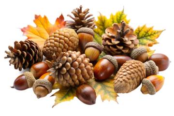Autumn still life with acorns, pine cones, and leaves on transparent background