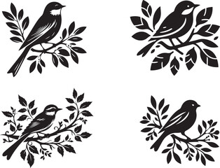 set of black and white birds with branches 