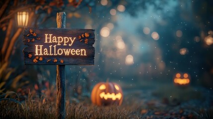 Close-up of a rustic, "Happy Halloween" sign with eerie, hand-painted lettering, illuminated by soft, dramatic lighting and set against a dark, foggy backdrop, Copy space, happy Halloween