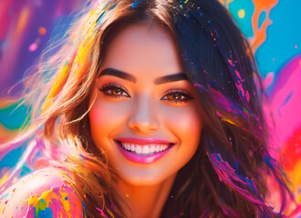 A joyful young woman with flowing hair poses with a broad smile, surrounded by splashes of bright colors, embodying the spirit of creativity