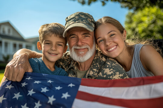 Happy military family is smiling and holding an american flag - Powered by Adobe