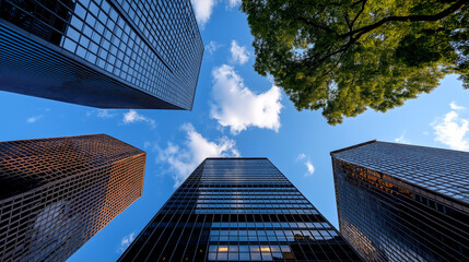 image captures stunning view of modern skyscrapers against bright blue sky, showcasing sustainable architecture and urban greenery