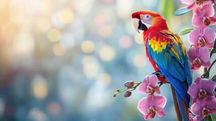 A detailed parrot with vibrant feathers perched on beautiful orchid branch, showcasing its colorful plumage against soft, blurred background. scene evokes sense of tropical beauty and tranquility