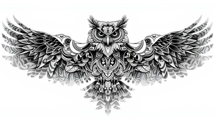 Obraz premium black and white illustration of owl with two wings in fully tribal ornament detailed