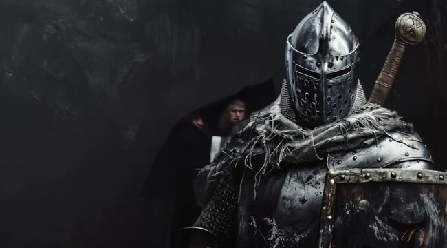Scene of a medieval warrior standing on dark background, Camera slow motion with different angles