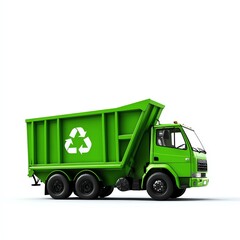 Green recycling truck, white isolate background