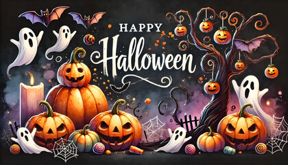 The “Happy Halloween” banner templates in a watercolor style, now featuring a spooky tree along with pumpkins, a Jack-o’-lantern, and other cute spooky elements. 