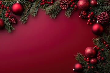 Minimalist Christmas Decorations on Bordeaux Background with Pine Cones and Ornaments