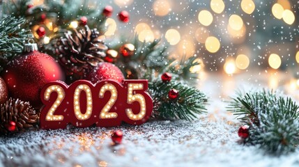 2025 New Year Celebration with Holiday Decorations and Pinecones