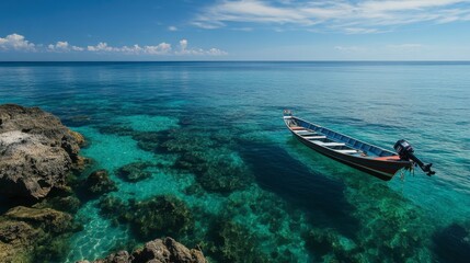 Fototapeta premium A longtail boat on the serene waters of Koh Tao, popular for its diving and snorkeling spots.