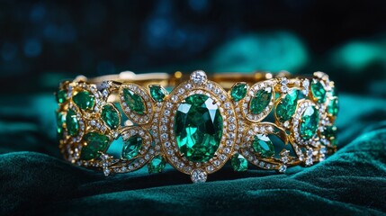 Fototapeta premium A luxurious bracelet adorned with emerald and diamond gems, gleaming against a velvet backdrop.
