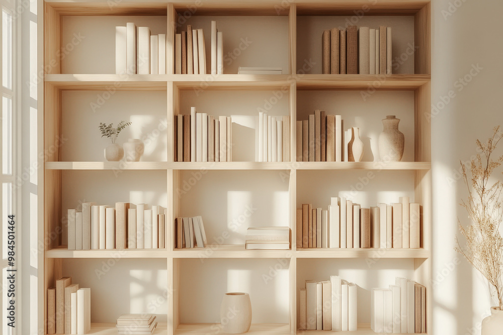 Poster sunlight streaming through window onto a modern minimalist bookshelf filled with books