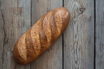Freshly baked loaf on a wooden background. Traditional fresh bread in the form of a long roll.