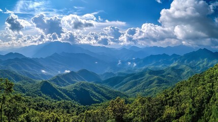 Naklejka premium A panoramic view from the highest peak in Ackmon National Park, showcasing the expansive mountain ranges and dense forests.