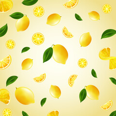 Lemon citrus background, whole and pieces of lemon falling. In focus and blurred fruits.