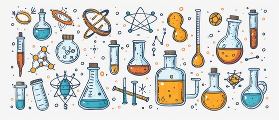 Hand-drawn laboratory flasks, test tubes, and atom illustrations in a playful, colorful design.