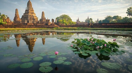 Obraz premium A peaceful shot of the lotus-filled ponds at Wat Mahathat in Ayutthaya, reflecting the ancient temples.