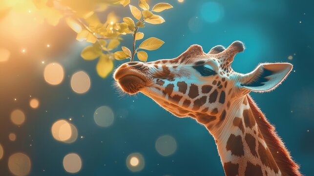 Giraffe gracefully reaching for leaves in a vibrant, nature-inspired background.