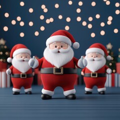 Obraz premium Three cheerful Santa Claus figures celebrating the festive season, with twinkling lights and gift boxes in the background.