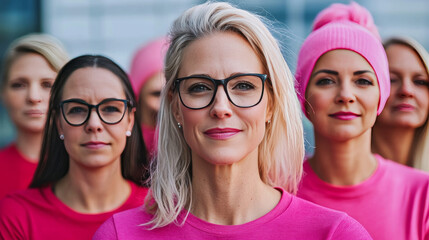Group of women wearing pink shirts and hats