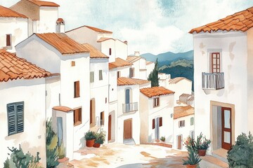Fototapeta premium Charming Watercolor of Mediterranean Village Houses