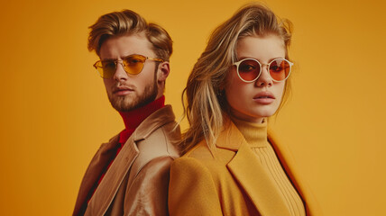 Fashion studio shot. Handsome young man and beautiful young woman posing together in stylish glasses. Optics. Business style.
