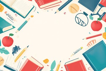 A vibrant vector background with school-themed elements such as books, pencils, rulers, and notebooks, arranged around the edges, leaving space in the center for text