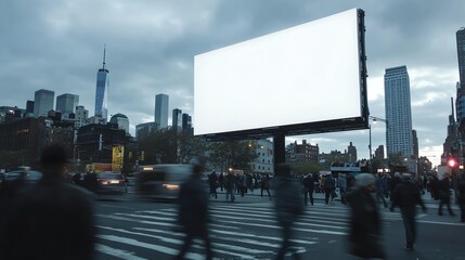 Blank white billboard on a street corner, surrounded by bustling pedestrians, city skyline in the background, overcast lighting, wideangle