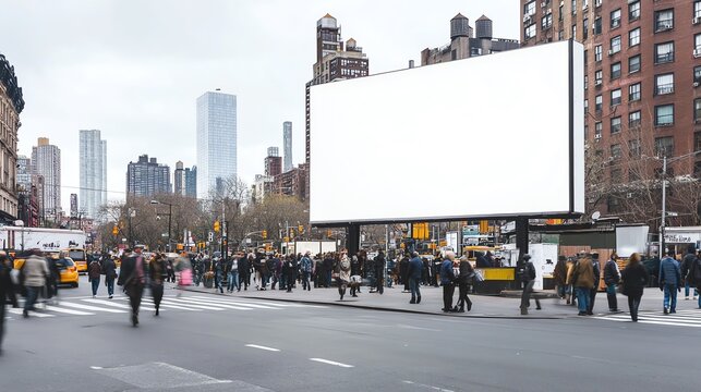 Blank white billboard on a street corner, surrounded by bustling pedestrians, city skyline in the background, overcast lighting, wideangle