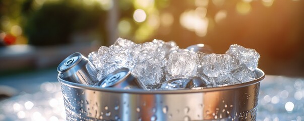 Close-up of silver soda cans in an ice bucket 