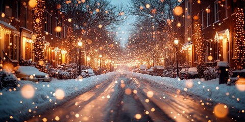 A snowy street lined with charming houses adorned with twinkling Christmas lights, creating a magical winter wonderland scene