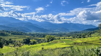 Fototapeta premium A scenic shot of the mountains and rice terraces in Pai, a backpacker paradise in northern Thailand.