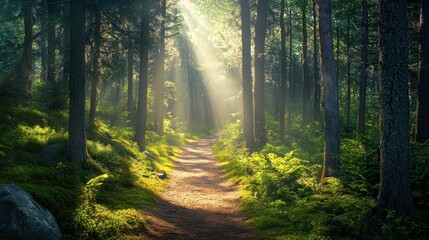 Obraz premium A scenic trail winding through Ackmon National Park dense forest, with sunlight filtering through the tall trees.