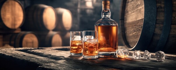 Whiskey bottle and glasses with ice cubes 