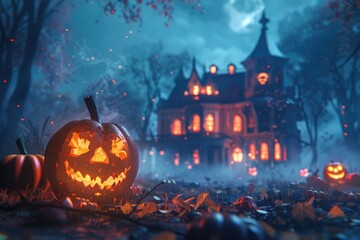 Glowing Jack-o'-lantern in a Foggy Forest with a Haunted House in the Background