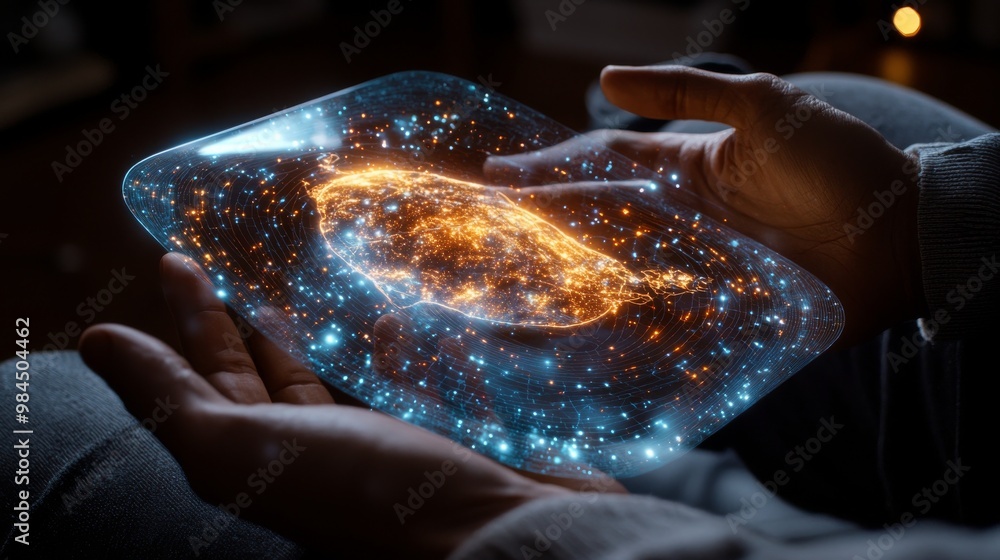 Poster visualization of a holographic interface in the hands of a virtual assistant ai project.