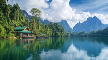 Fototapeta premium A scenic view of the lush landscapes of Khao Sok National Park, home to wildlife and dense rainforests.