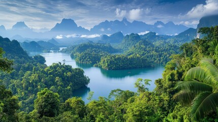 A scenic view of the lush landscapes of Khao Sok National Park, home to wildlife and dense rainforests.