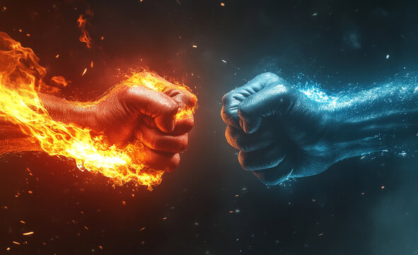 concept of struggle and resistance between people, nations, two fists fire and ice, flame and water opposite each other, symbol of confrontation