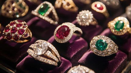 A selection of gemstone rings displayed on a velvet stand, featuring diamonds, rubies, and emeralds.