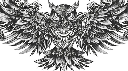 Fototapeta premium black and white illustration of owl with two wings in fully tribal ornament detailed