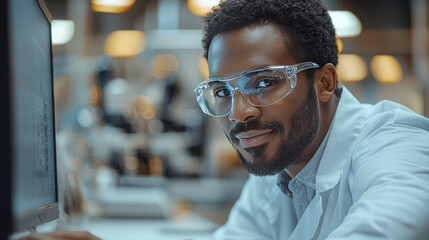 Fototapeta premium A young Black man in safety glasses looks at the camera while working in a lab.